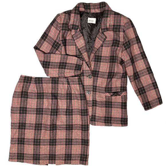 Vintage 2-Piece Size 14 Skirt Suit with Blazer Jacket Pink Gray Plaid Academia - Picture 1 of 16